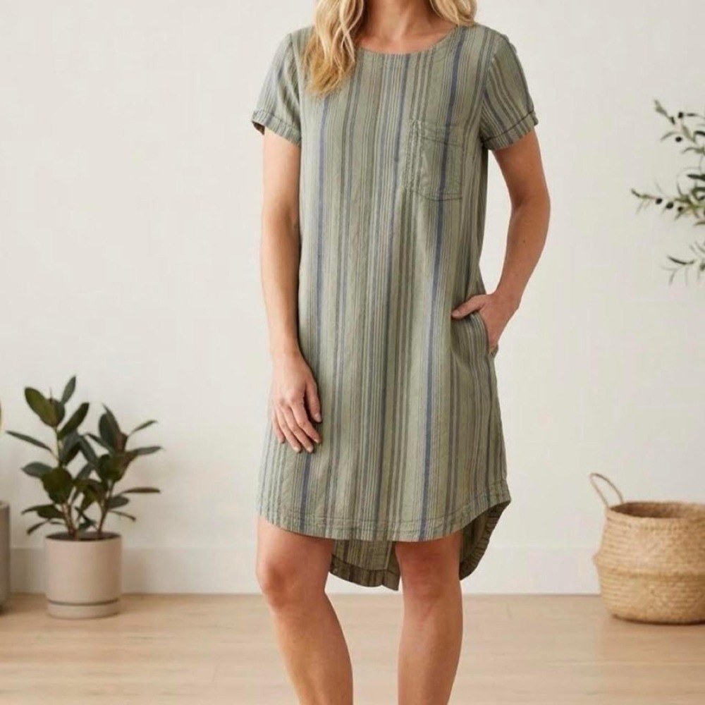 Cloth & Stone Green Striped Button Back Shift Dress with Pockets XS